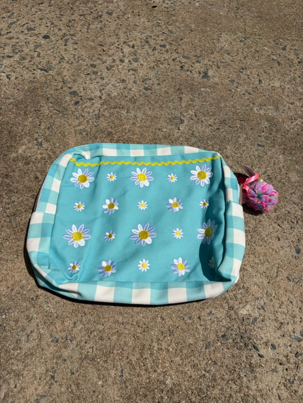 Children's Aqua Daisy Cosmetic Pouch with Pom Pom Charm